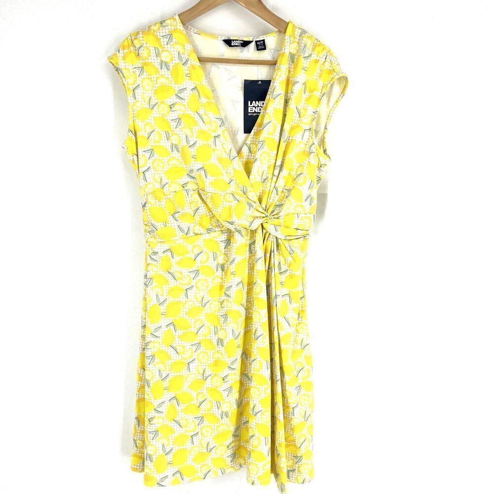 Lands End Dress Size Medium 10 Petite Womens Yellow Lemon Print Sleeveless Wrap